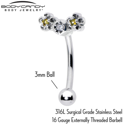 16G 5/16 Yellow CZ Gem Flower Honeycomb Curved Eyebrow Ring