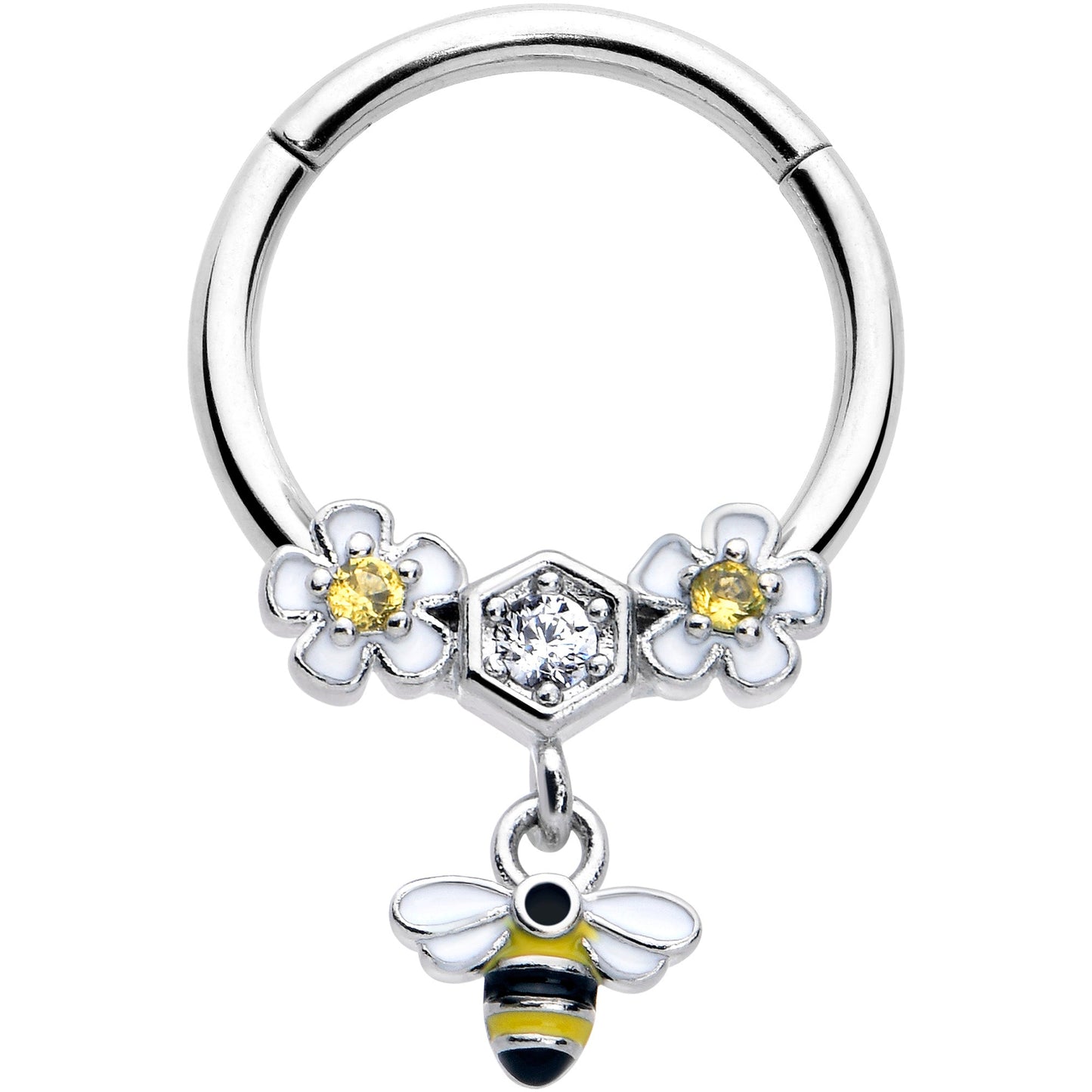 16G 3/8 Yellow CZ Gem Flower Bee Dangle Hinged Segment Ring