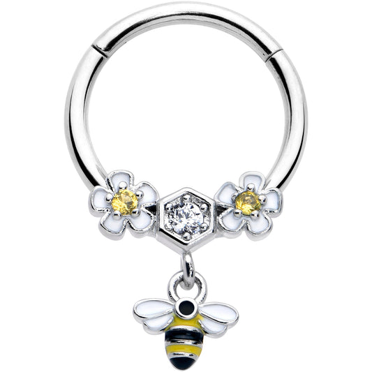 16G 3/8 Yellow CZ Gem Flower Bee Dangle Hinged Segment Ring