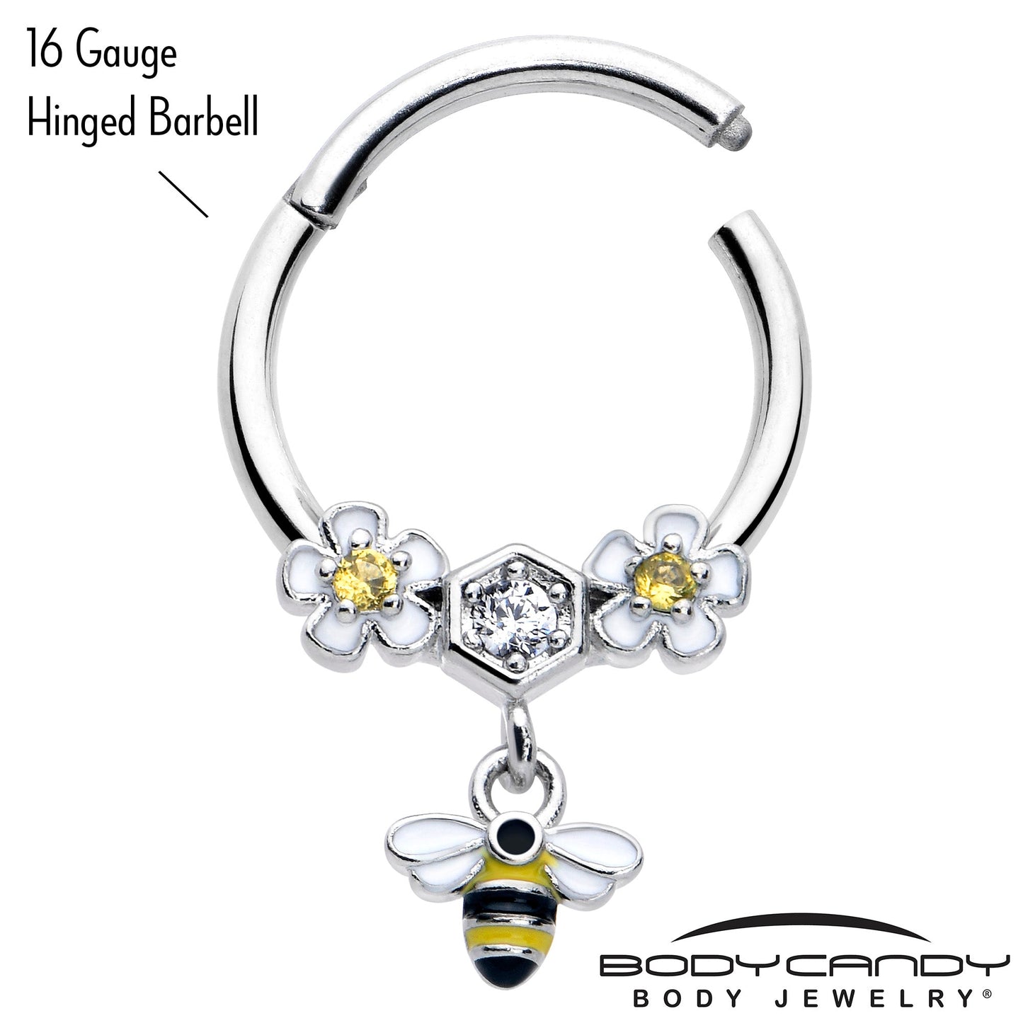 16G 3/8 Yellow CZ Gem Flower Bee Dangle Hinged Segment Ring