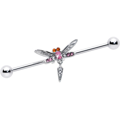14G Pink Orange Gem Swank Dragonfly Dangle Industrial Barbell 38mm