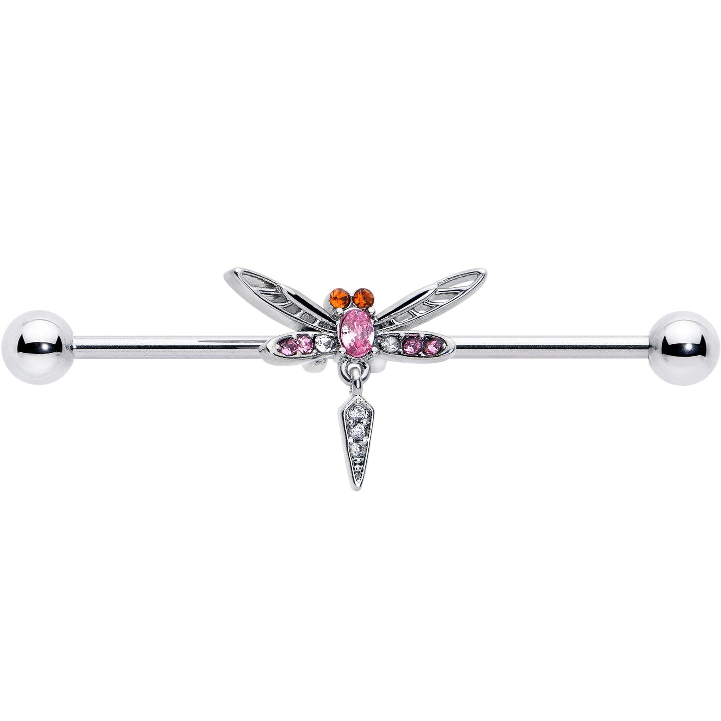 14G Pink Orange Gem Swank Dragonfly Dangle Industrial Barbell 38mm