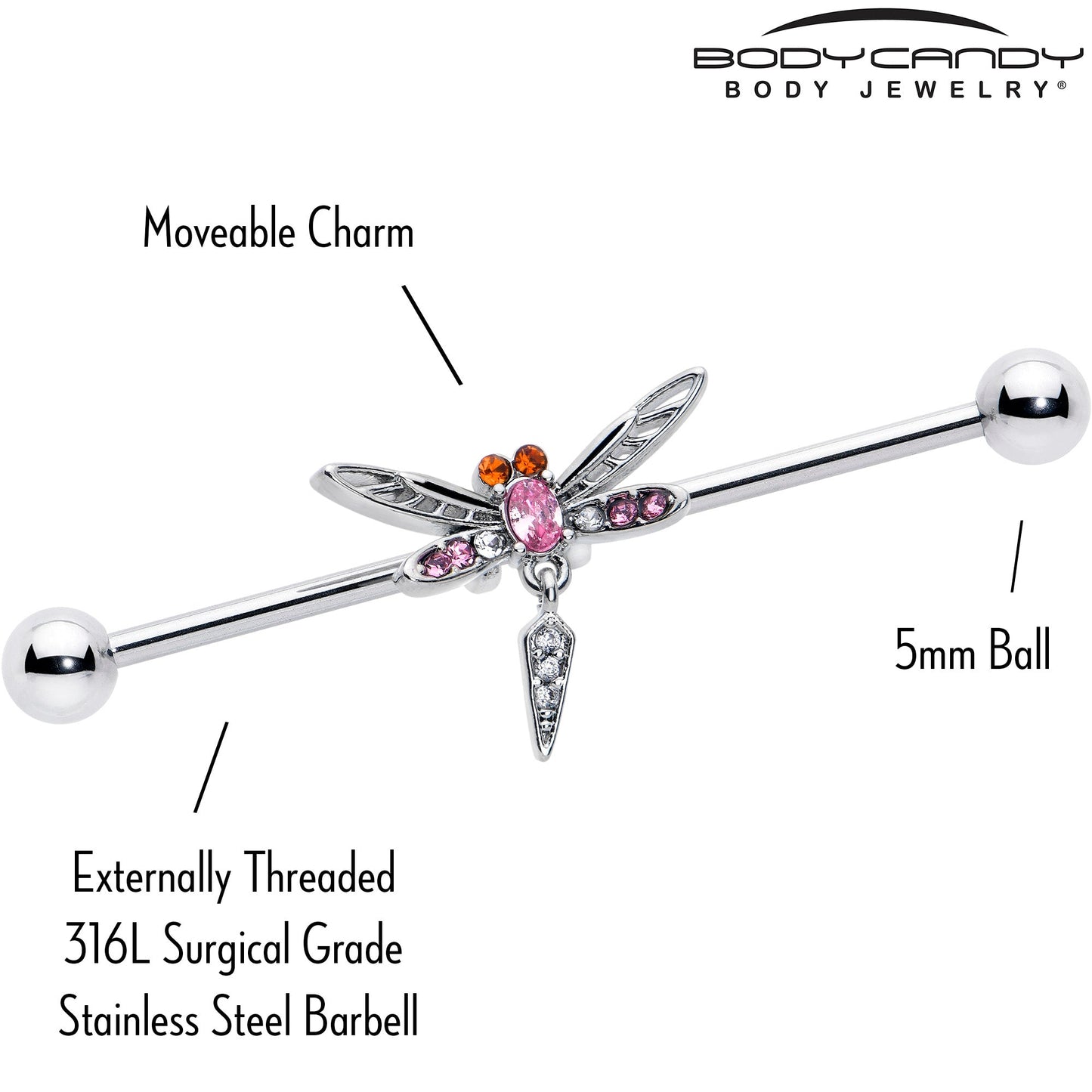 14G Pink Orange Gem Swank Dragonfly Dangle Industrial Barbell 38mm