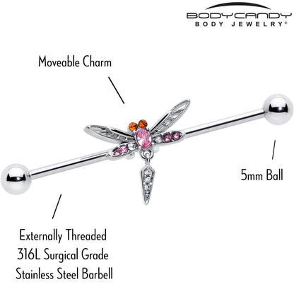 14G Pink Orange Gem Swank Dragonfly Dangle Industrial Barbell 38mm