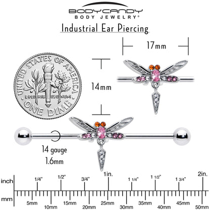 14G Pink Orange Gem Swank Dragonfly Dangle Industrial Barbell 38mm