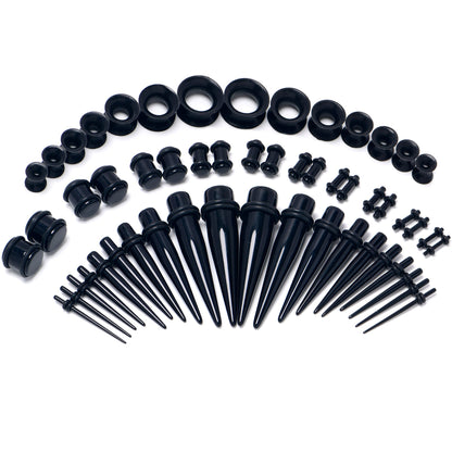14G to 1/2 Black Acrylic 54 Piece Ear Stretching Kit with Jojoba Oil