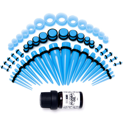 14G to 1/2 Blue Acrylic 54 Piece Ear Stretching Kit with Jojoba Oil