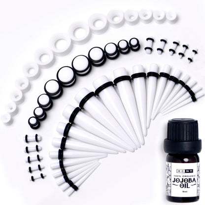 14G to 1/2 White Acrylic 54 Piece Ear Stretching Kit with Jojoba Oil
