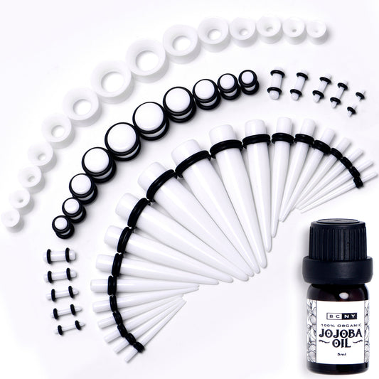 14G to 1/2 White Acrylic 54 Piece Ear Stretching Kit with Jojoba Oil