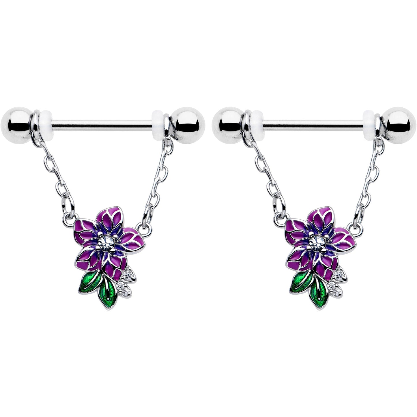 14G 9/16 Clear CZ Gem Flower Purple Chain Dangle Nipple Ring Set