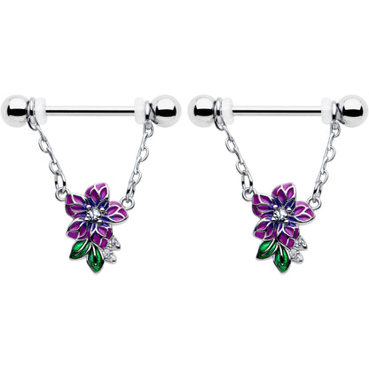 14G 9/16 Clear CZ Gem Flower Purple Chain Dangle Nipple Ring Set