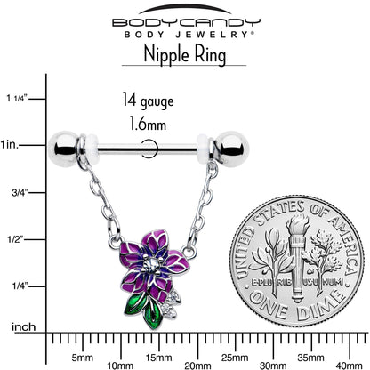 14G 9/16 Clear CZ Gem Flower Purple Chain Dangle Nipple Ring Set