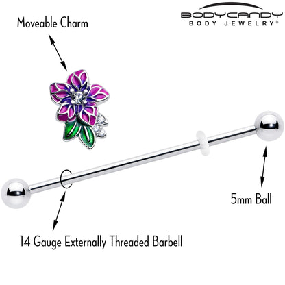14G Clear CZ Gem Flower Purple Industrial Barbell 38mm
