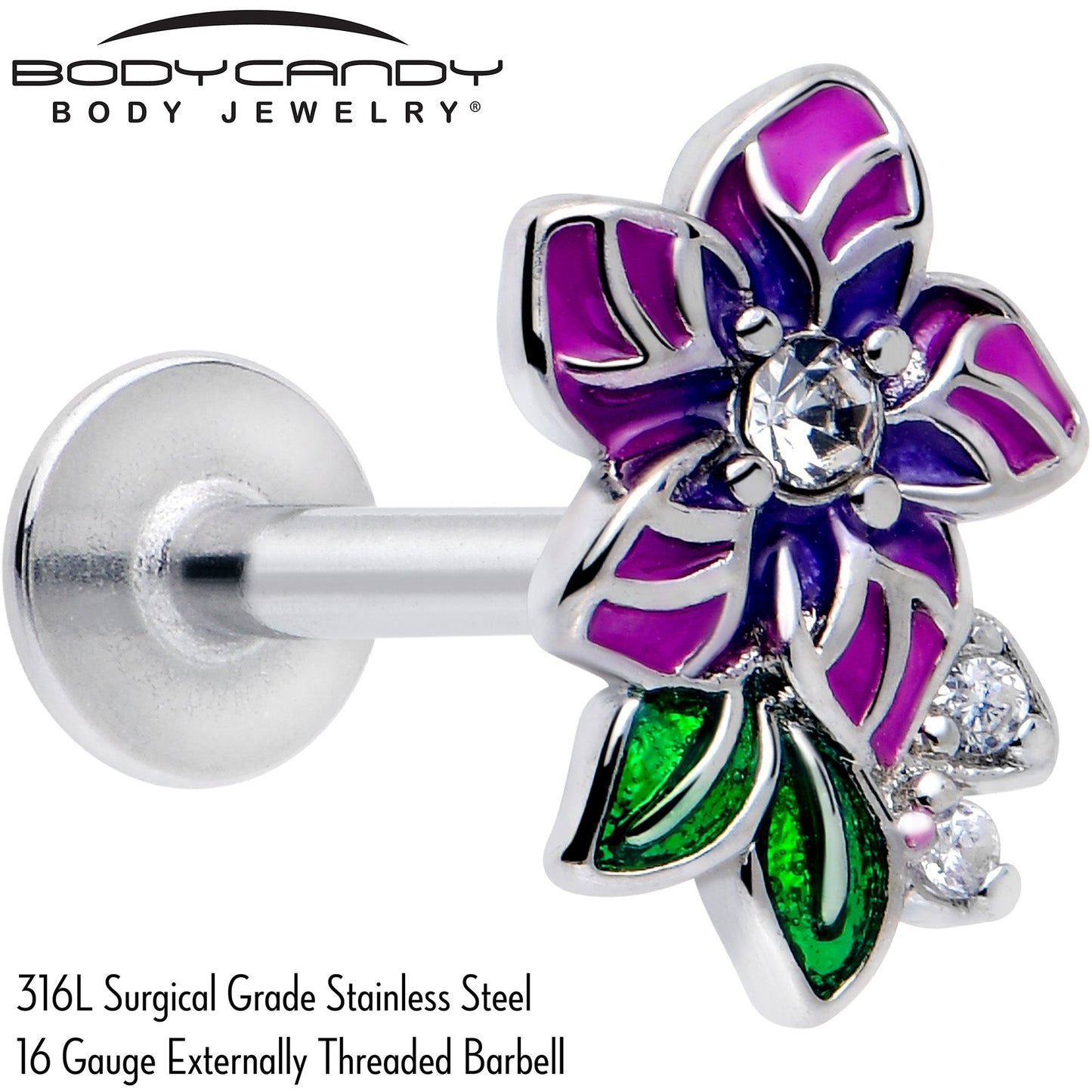 16G 5/16 Clear CZ Gem Flower Purple Flatback Stud