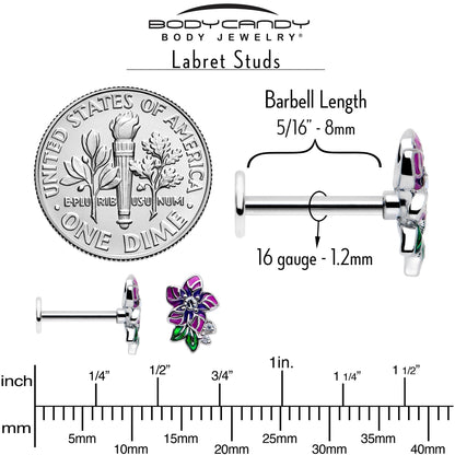 16G 5/16 Clear CZ Gem Flower Purple Flatback Stud