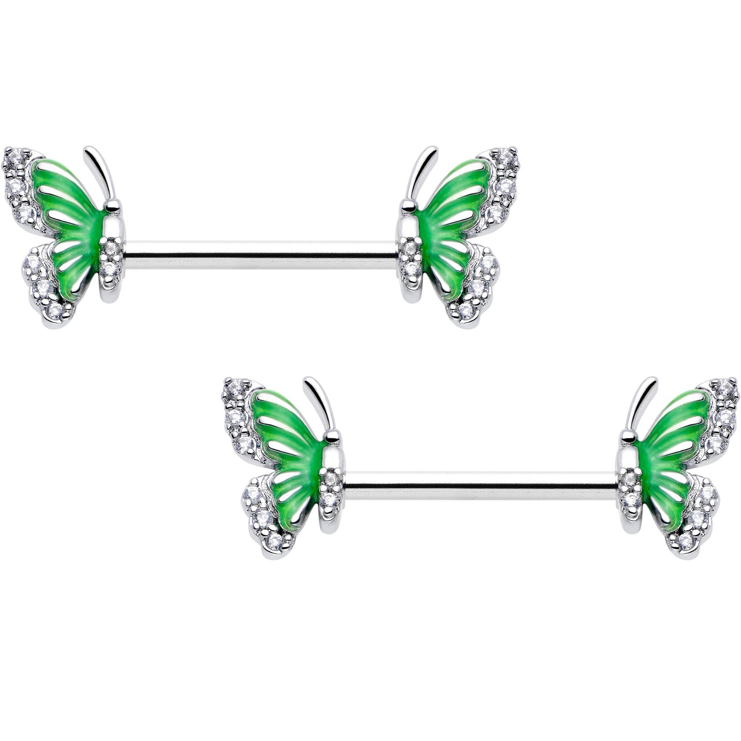 14G 9/16 Clear CZ Gem Butterfly Green Barbell Nipple Ring Set