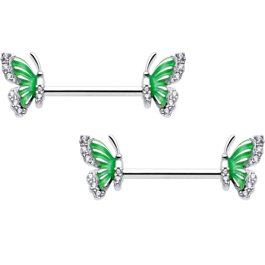 14G 9/16 Clear CZ Gem Butterfly Green Barbell Nipple Ring Set