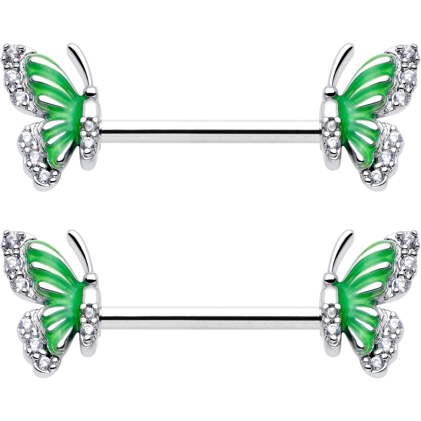 14G 9/16 Clear CZ Gem Butterfly Green Barbell Nipple Ring Set