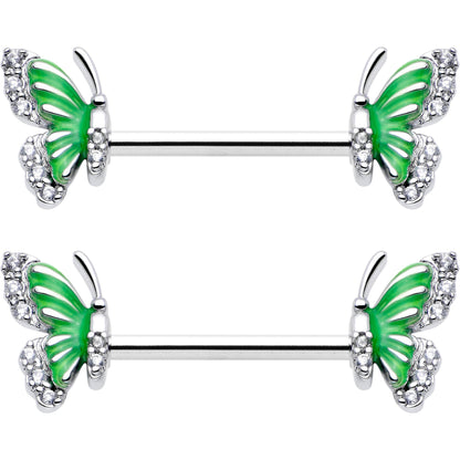 14G 9/16 Clear CZ Gem Butterfly Green Barbell Nipple Ring Set