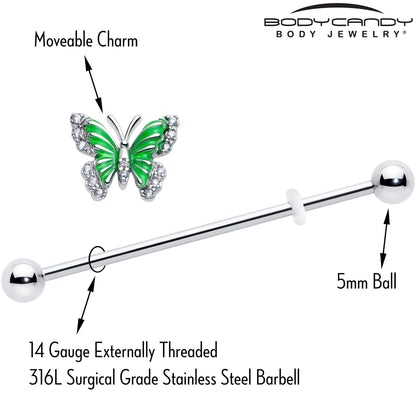 14G Clear CZ Gem Butterfly Green Industrial Barbell 38mm