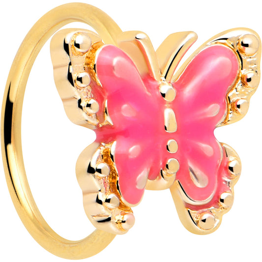 20G 5/16 Gold Tone Butterfly Pink Splash Nose Hoop