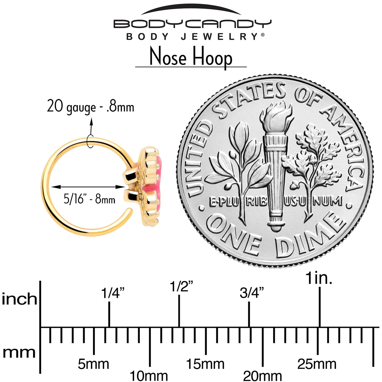 20G 5/16 Gold Tone Butterfly Pink Splash Nose Hoop