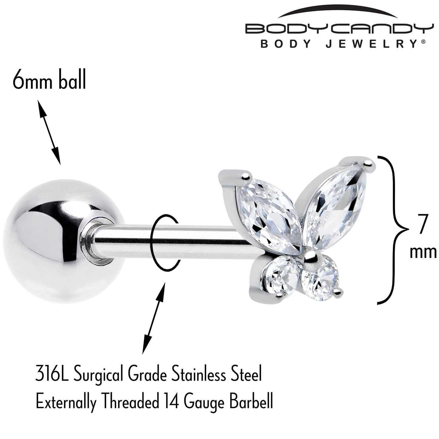Clear CZ Gem Open Wing Butterfly Barbell Tongue Ring