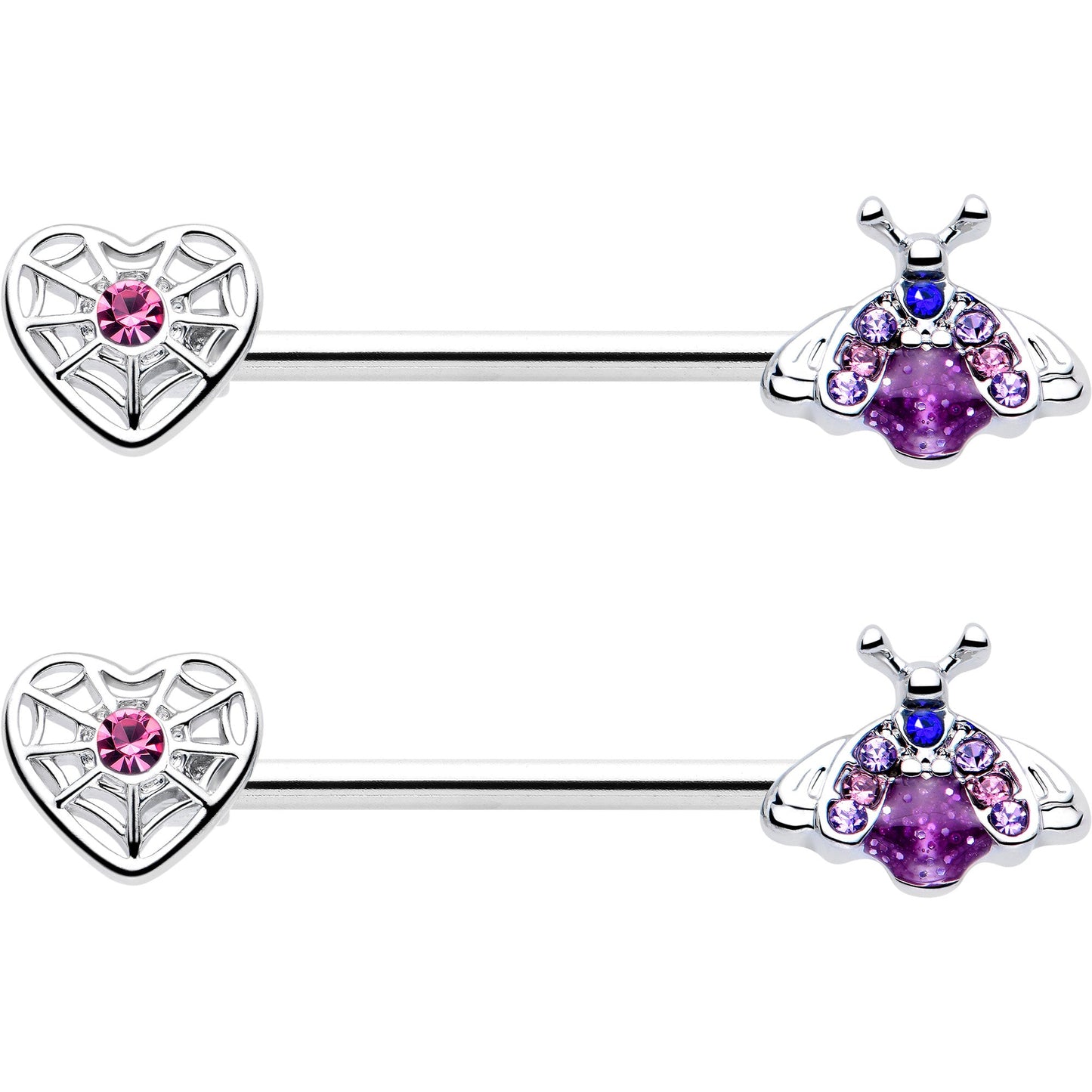 14G 9/16 Pink Blue Gem Spiderweb Heart Insect Barbell Nipple Ring Set