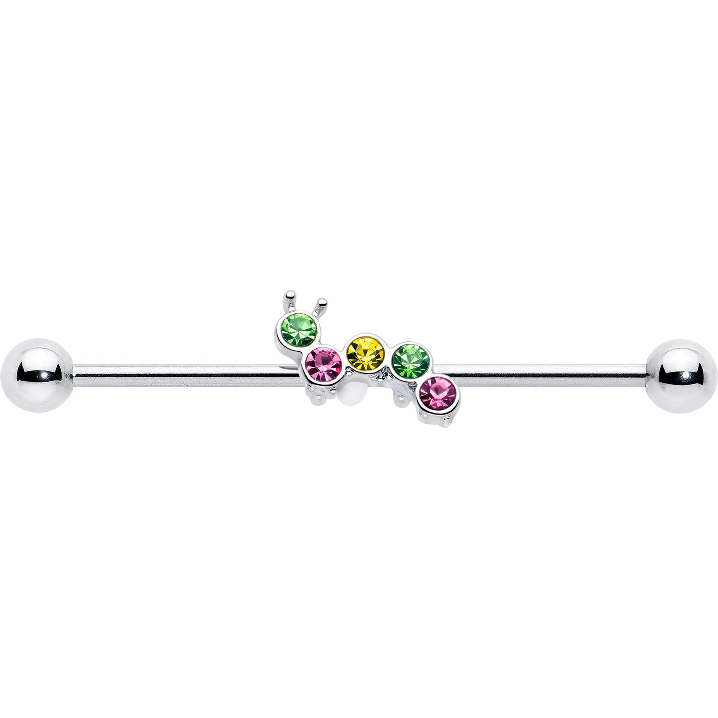 14G Green Pink Gem Caterpillar Industrial Barbell 38mm