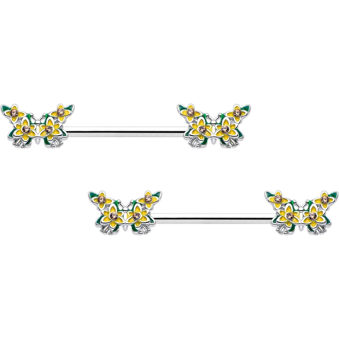14G 9/16 Yellow CZ Gem Blooming Butterfly Barbell Nipple Ring Set