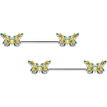 14G 9/16 Yellow CZ Gem Blooming Butterfly Barbell Nipple Ring Set