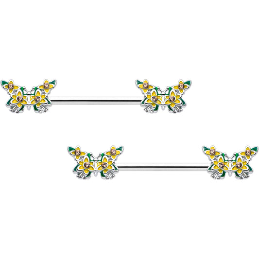 14G 9/16 Yellow CZ Gem Blooming Butterfly Barbell Nipple Ring Set