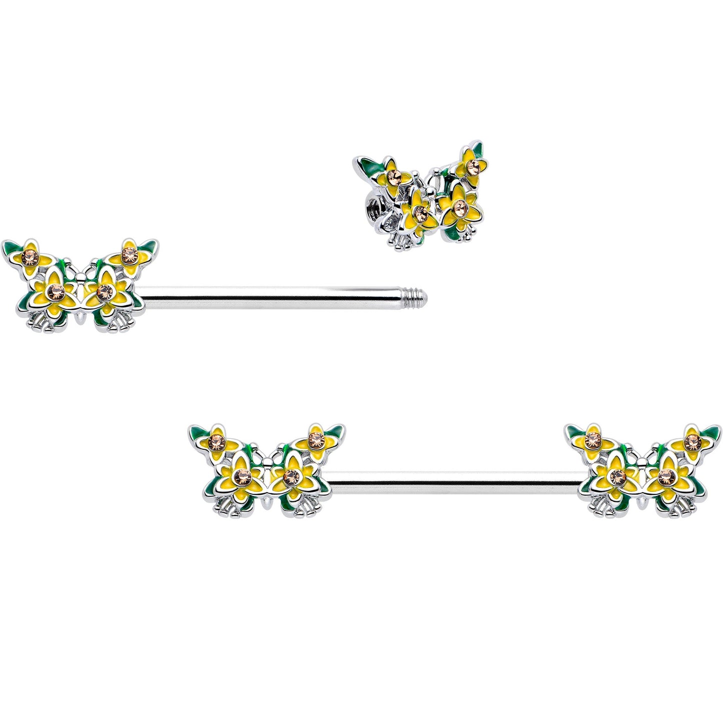 14G 9/16 Yellow CZ Gem Blooming Butterfly Barbell Nipple Ring Set
