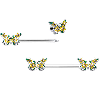14G 9/16 Yellow CZ Gem Blooming Butterfly Barbell Nipple Ring Set