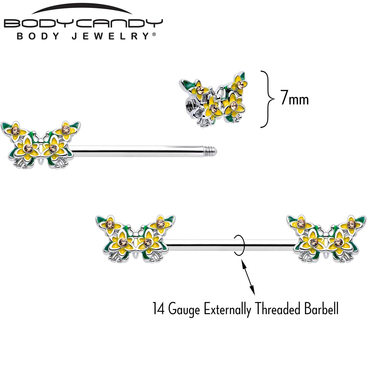 14G 9/16 Yellow CZ Gem Blooming Butterfly Barbell Nipple Ring Set
