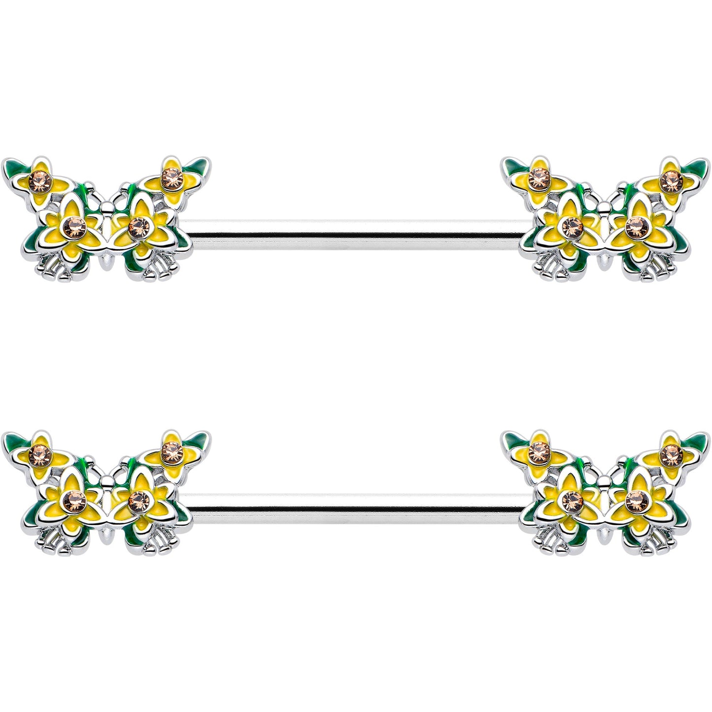 14G 9/16 Yellow CZ Gem Blooming Butterfly Barbell Nipple Ring Set