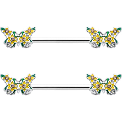 14G 9/16 Yellow CZ Gem Blooming Butterfly Barbell Nipple Ring Set