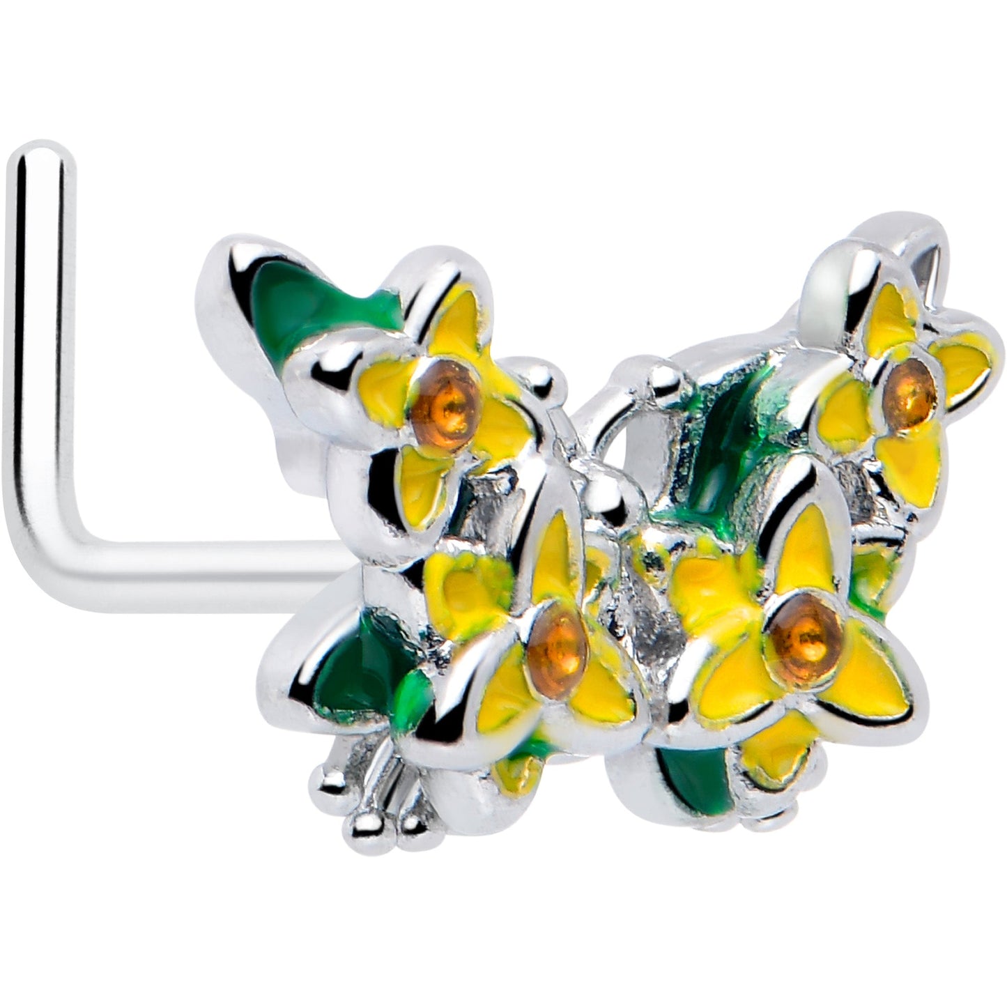 20G 7mm Yellow CZ Gem Blooming Butterfly L Shape Nose Ring