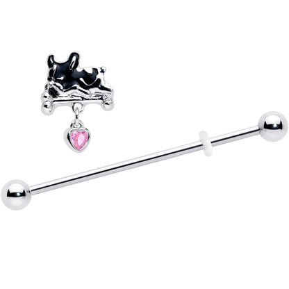 14G Pink Gem Sleepy French Bulldog Dangle Industrial Barbell 38mm