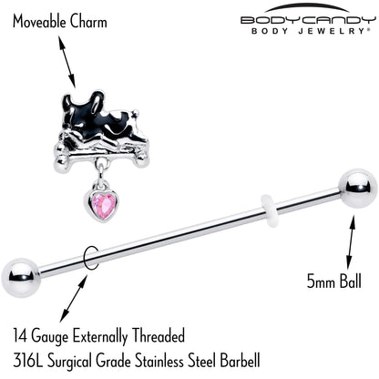 14G Pink Gem Sleepy French Bulldog Dangle Industrial Barbell 38mm