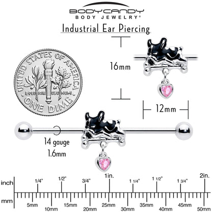 14G Pink Gem Sleepy French Bulldog Dangle Industrial Barbell 38mm