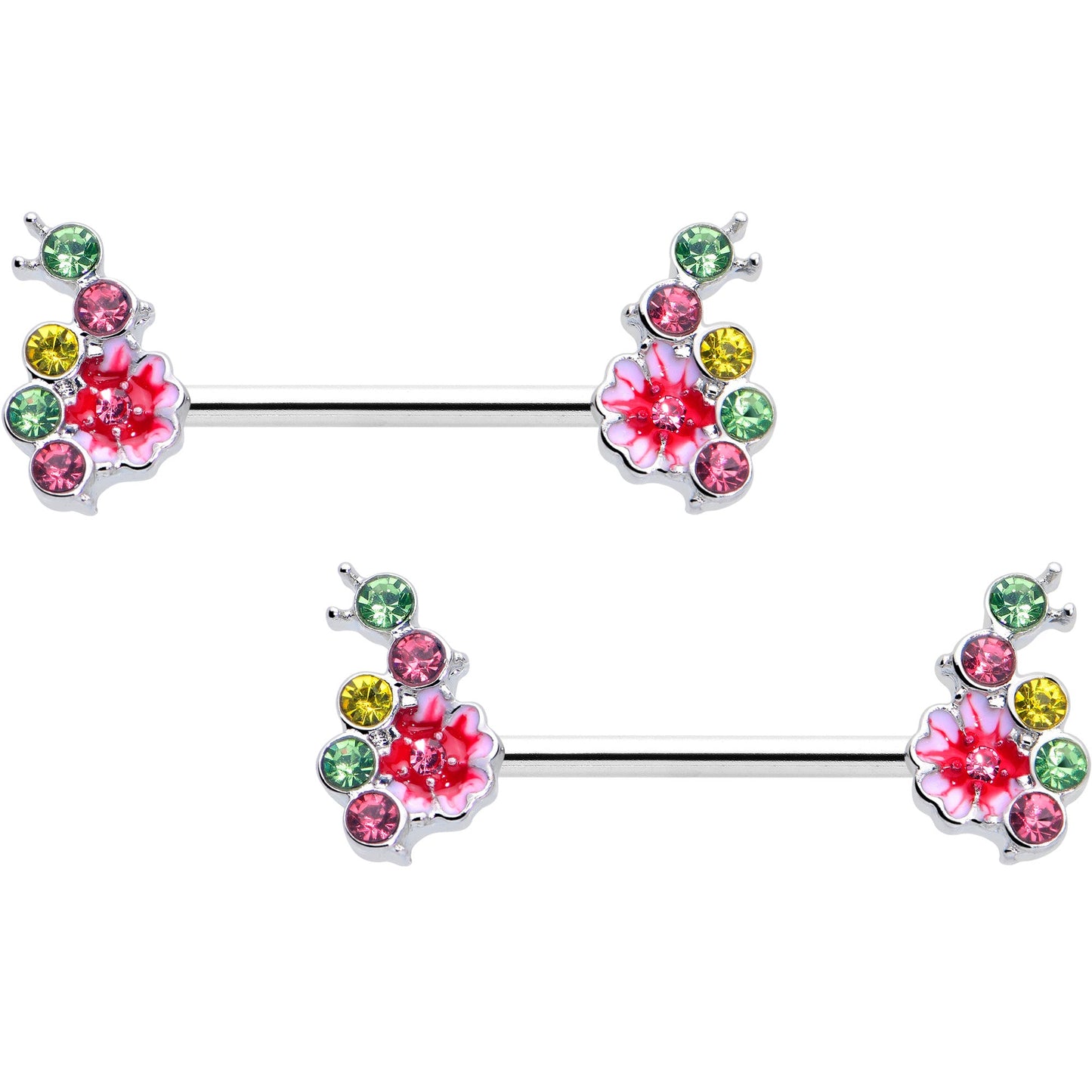 14G 9/16 Green Pink Gem Caterpillar Flower Barbell Nipple Ring Set