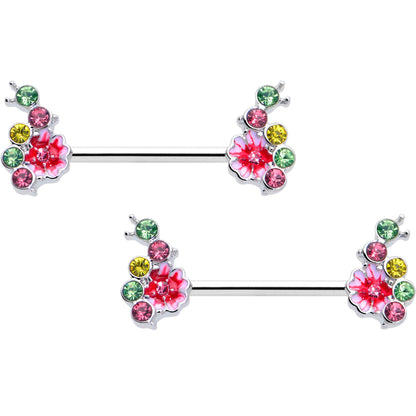 14G 9/16 Green Pink Gem Caterpillar Flower Barbell Nipple Ring Set
