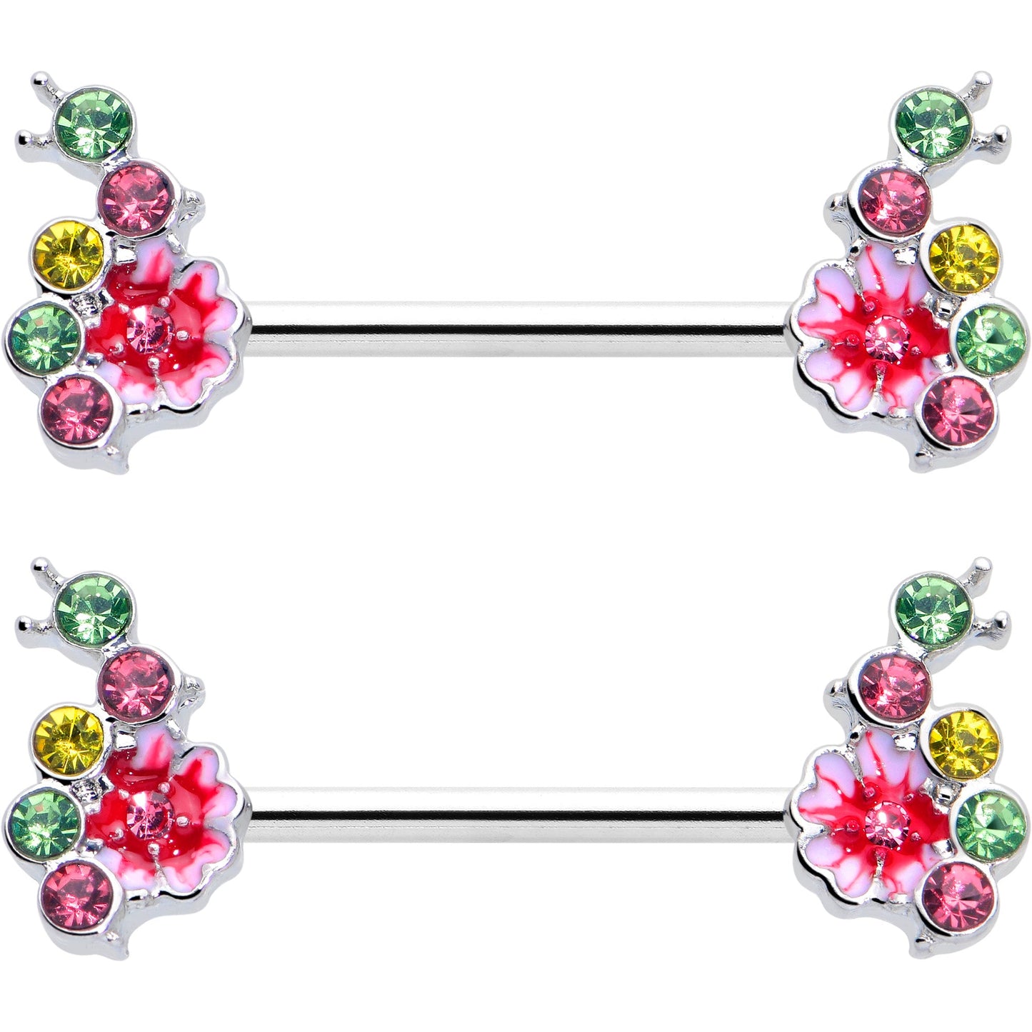 14G 9/16 Green Pink Gem Caterpillar Flower Barbell Nipple Ring Set