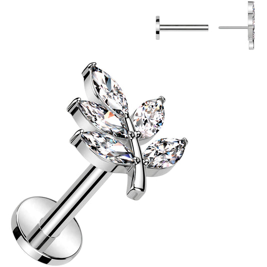 Surgical Steel Flat Back Earring - 16G With Cubic Zirconia Leaves