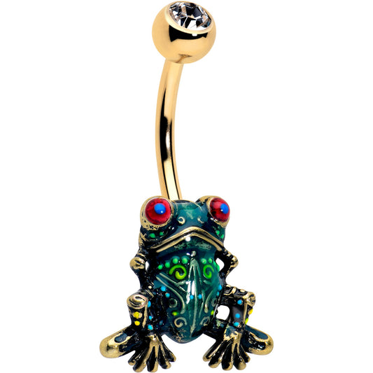 Clear CZ Gem Gold Tone Anodized Colorful Tree Frog Belly Ring