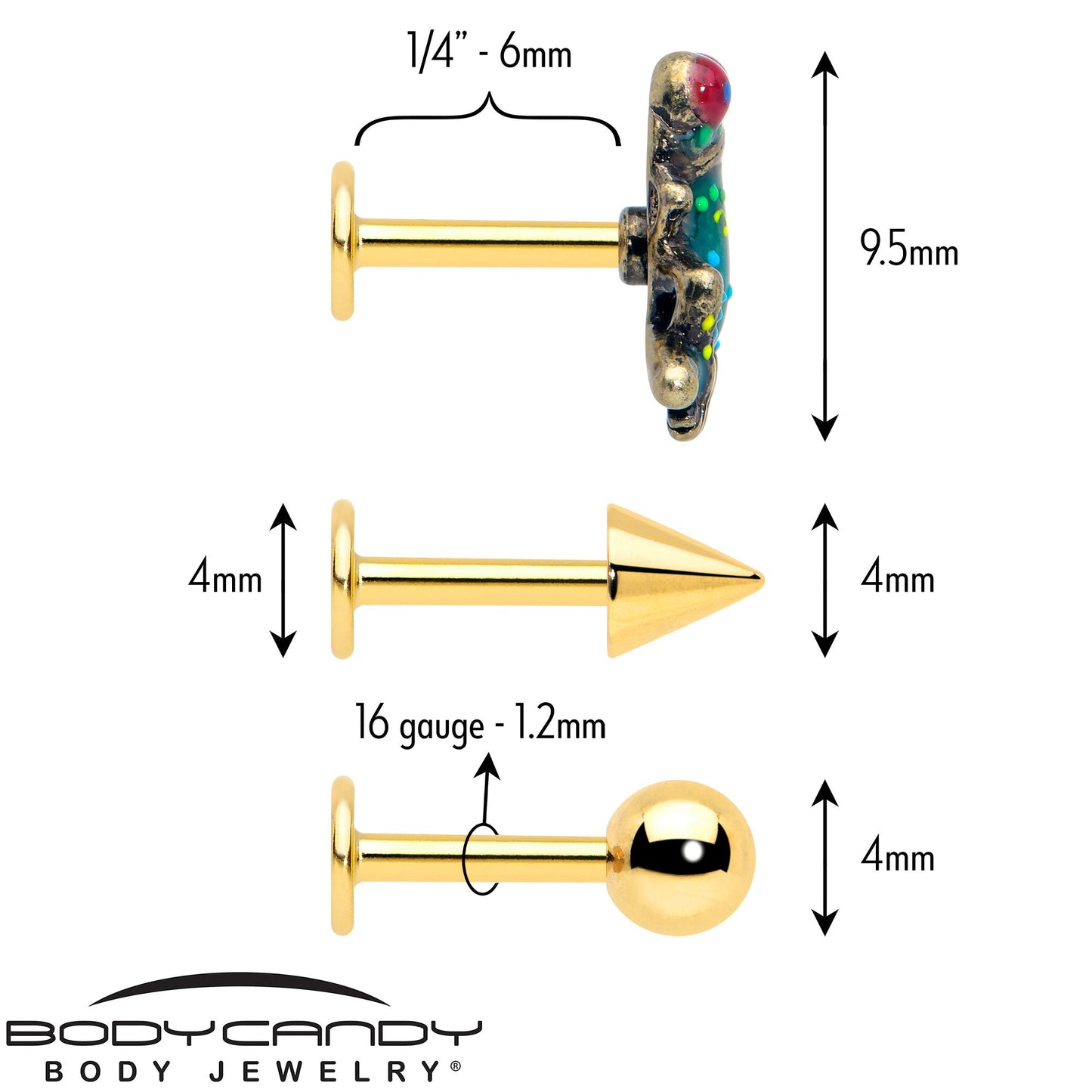 16G Frog Flat Back Earring Set Internally Threaded 3 Pack