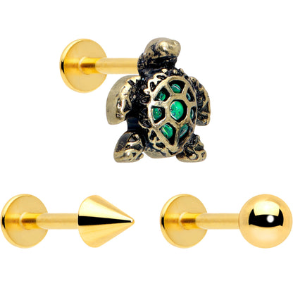 16G Sea Turtle Flat Back Earring Set Internally Threaded 3 Pack