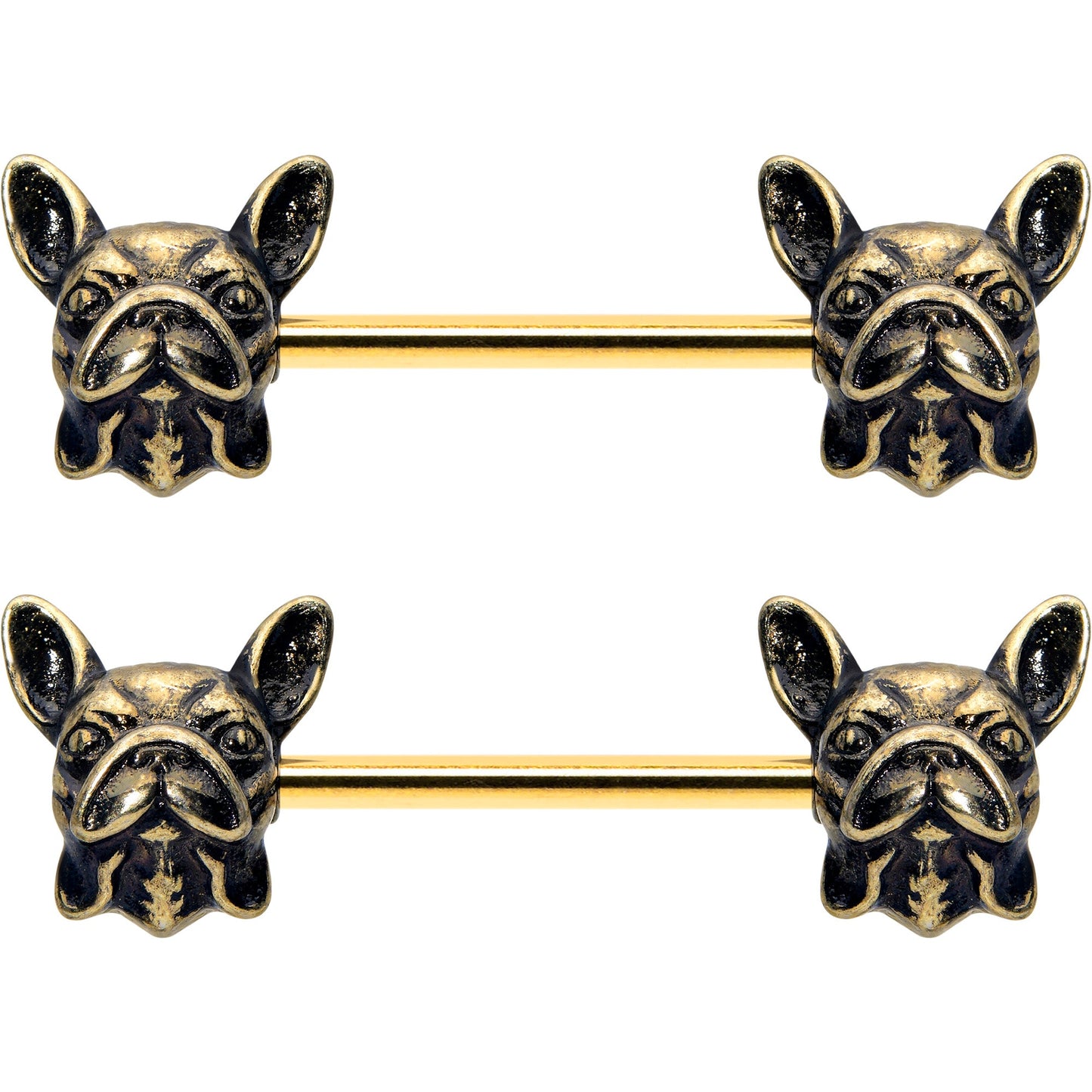 14G 5/8 Gold Tone Anodized French Bulldog Barbell Nipple Ring Set