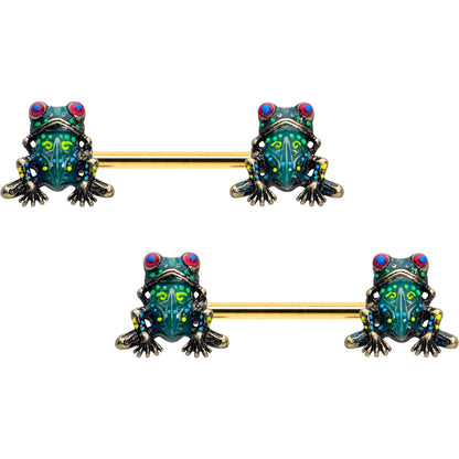 14G 5/8 Gold Tone Anodized Colorful Tree Frog Nipple Ring Set